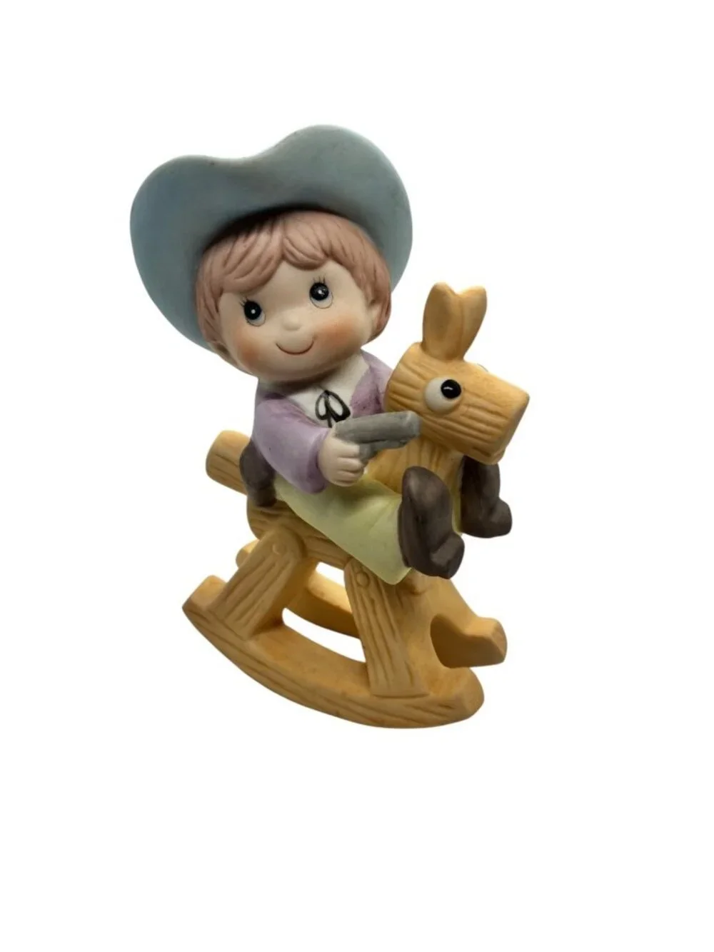 Vintage Ceramic Boy Cowboy on Rocking Horse Figurine Hand Painted Blue Hat